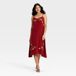 Women's Linen Embroidered Midi High Low Dress - Universal Thread Red XS